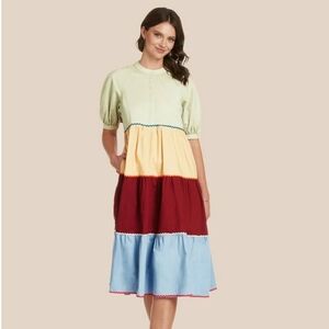 English Factory Color Block Trim Detail Short Sleeve Midi Dress